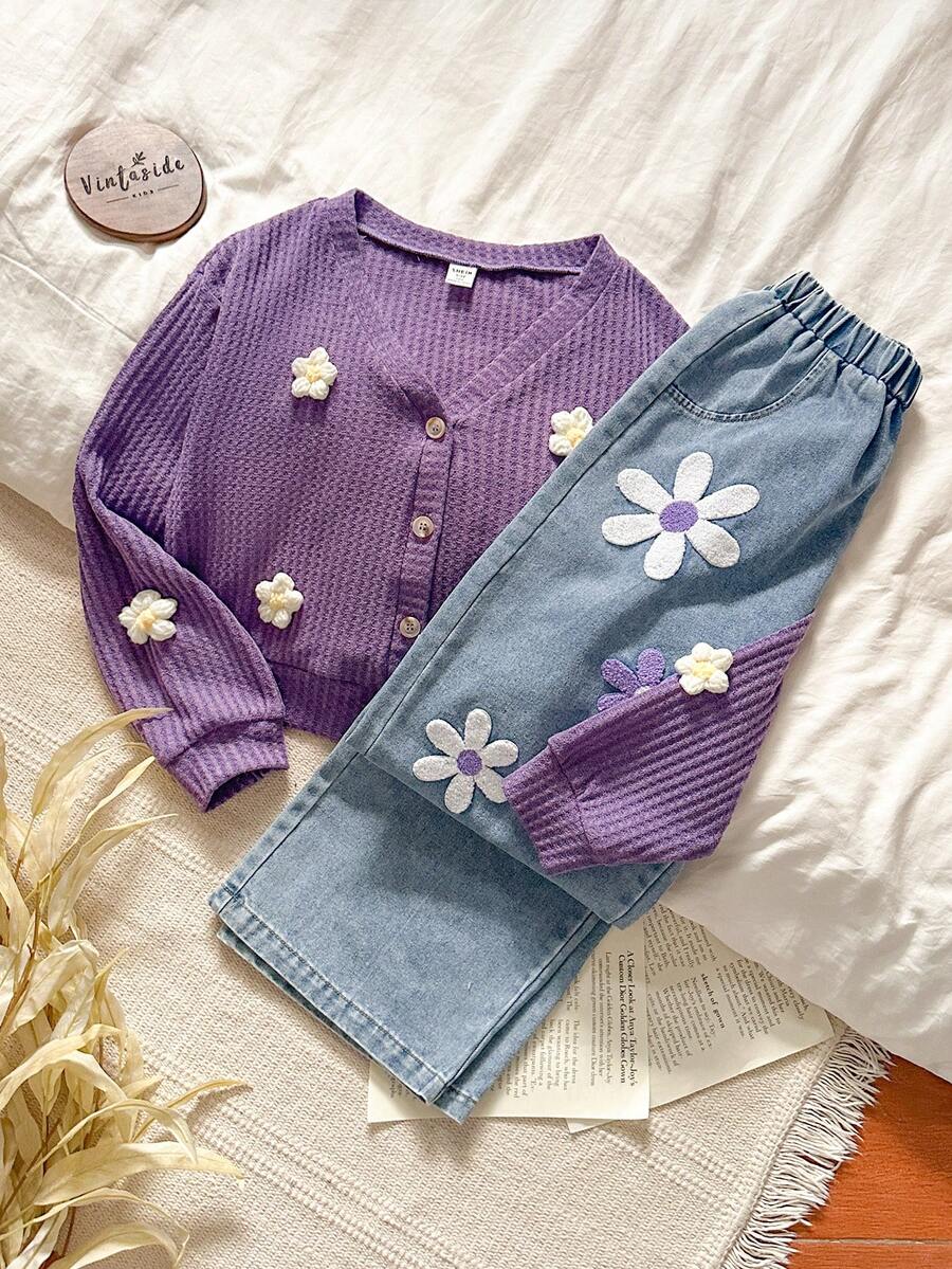 SHEIN Vintaside Kids 少女V领长袖时尚短款上衣搭配百搭刺绣牛仔裤套装，春秋季 - 紫色 - 查看 1