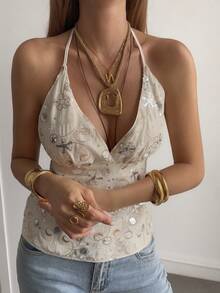 DAZY 女士夏季纹理露背系带休闲度假风吊带背心 Y2K 外出上衣 - 杏色 - 查看 2