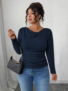 Elenzga Blusa de manga larga ajustada con cuello asimétrico drapeado, textura y volantes, talla grande, estilo vintage de RosyDaze - Azul Marino - Ver 4