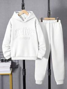 SHEIN Vacaura Bộ 2 món/Bộ áo nỉ có mũ trùm đầu và quần nỉ dệt kim thường ngày cho bé trai, Thu/Đông - trắng - Xem 3