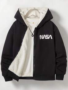 SHEIN Vacaura Tween Boy Letter Print Long Sleeve Thermal Lined Casual Hoodie Jacket, Autumn/Winter - Black - View 1