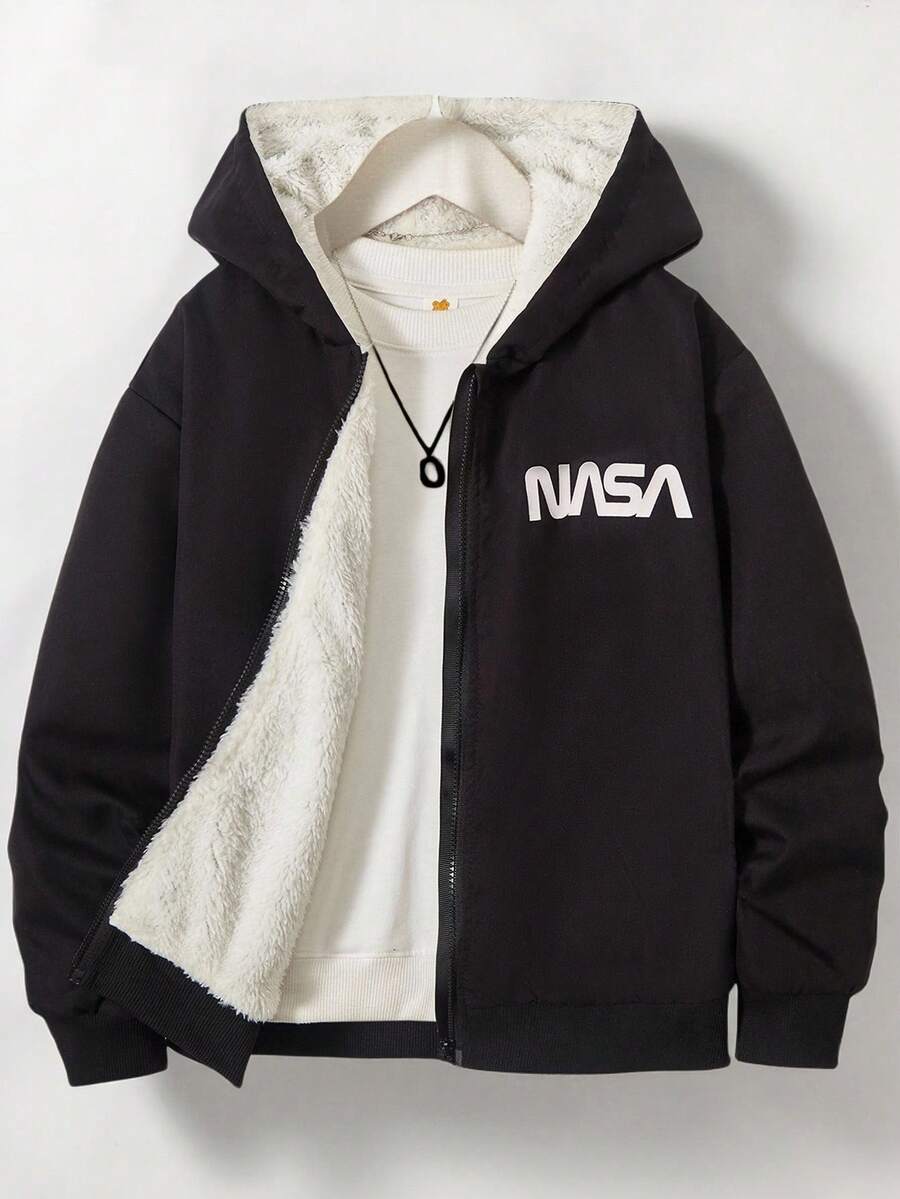 SHEIN Vacaura Tween Boy Letter Print Long Sleeve Thermal Lined Casual Hoodie Jacket, Autumn/Winter - Black - View 1