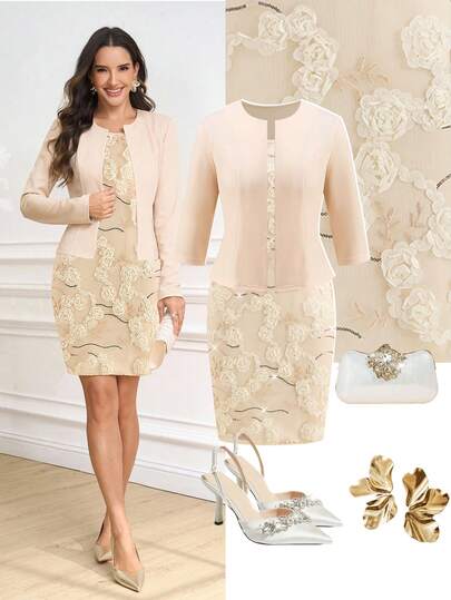 Ellevyn Conjunto de vestido de fiesta con lentejuelas y chaqueta de manga corta ajustada para mujer, 2 piezas