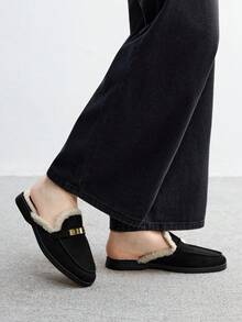 CUCCOO BIZCHIC 女士时尚黑色绒面革舒适厚人造毛皮一脚蹬穆勒鞋，平底休闲乐福鞋，适合户外、工作、日常穿着 - 黑色 - 查看 9