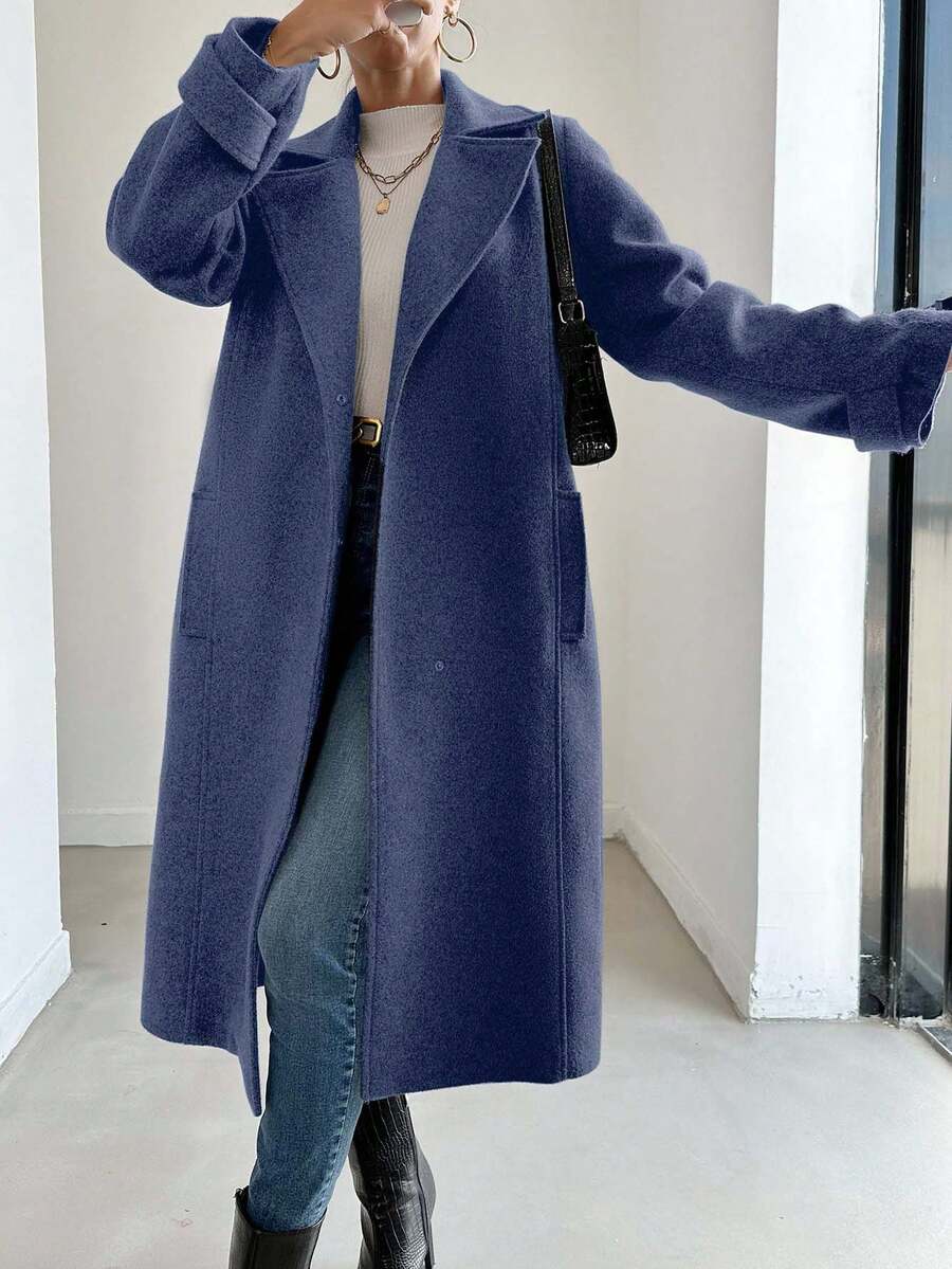 EURMUSE 女式純色翻領毛呢大衣 - 藏蓝色 - 查看 1