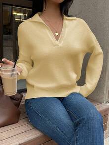Flirla Women's Solid Color Turndown Collar Drop Shoulder Long Sleeve Casual Sweater, Autumn/Winter - Light Yellow - View 6