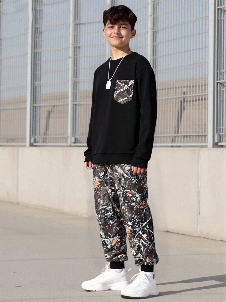 SHEIN Vacaura 男童迷彩街头风连帽衫和工装裤两件套休闲套装，适合春、秋、冬季穿着。 - 彩色 - 查看 1