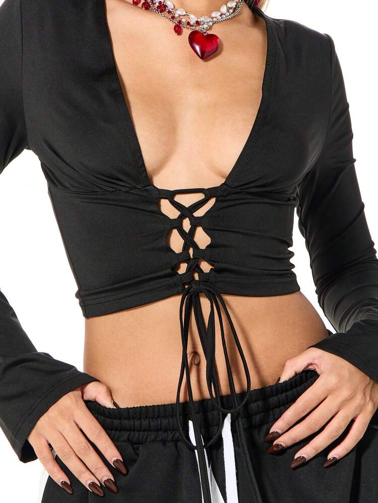 SUMWON WOMEN Long Sleeve Lace Up Crop Top