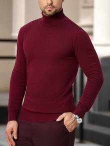 Manfinity Homme Men's Solid Color Turtleneck Long Sleeve Casual Pullover Sweater, Autumn/Winter Red Sweater Men Burgundy Top For Men