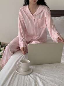 DAZY Striped Ruffle Collar Women Pajama Set - Pink - View 3