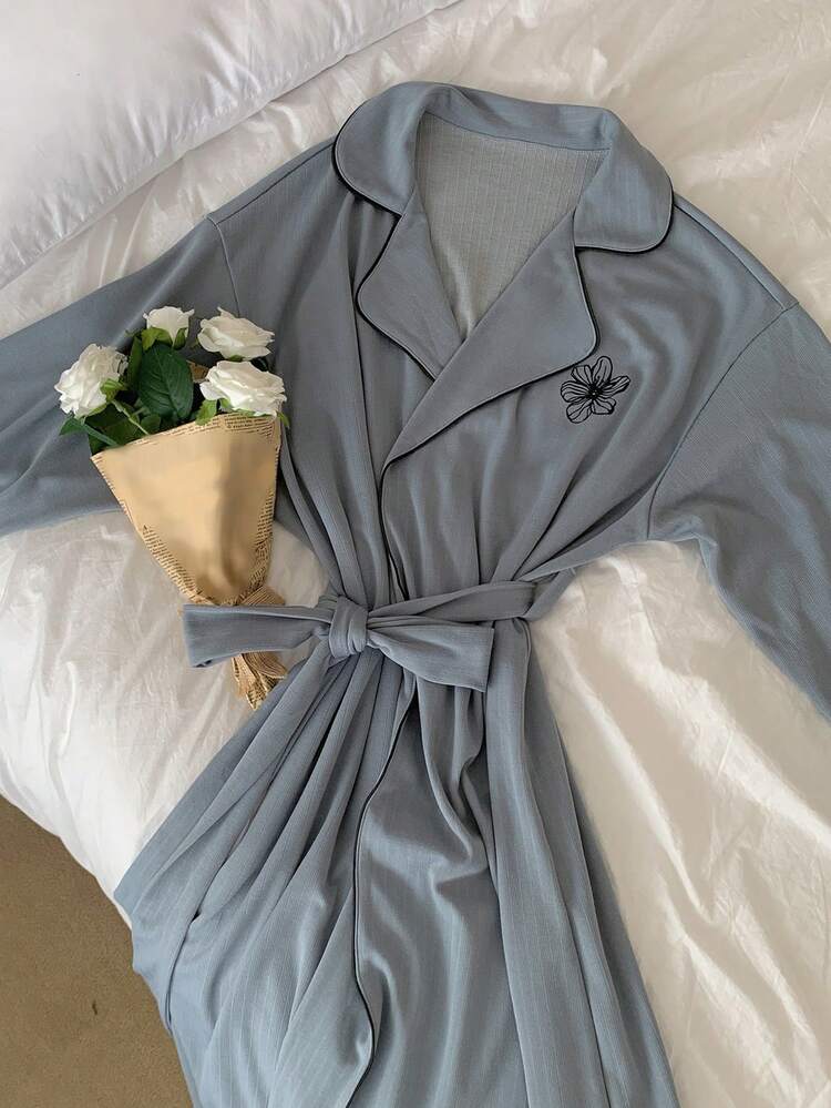 Floral Print Knitted Mid-Length Women Robe, Autumn/Winter
