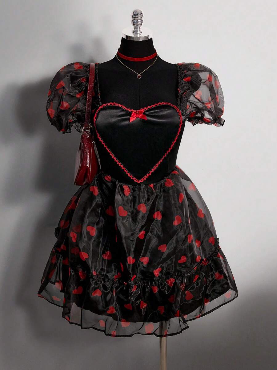 SHEIN ICON Plus Size Red Heart Puff Sleeve Cinched Waist Princess Dress, Suitable For Valentine's Day Date - Black - View 1