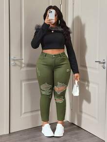 SHEIN ICON 大码纯色做旧毛边口袋修身牛仔裤 - 軍綠色 - 查看 7