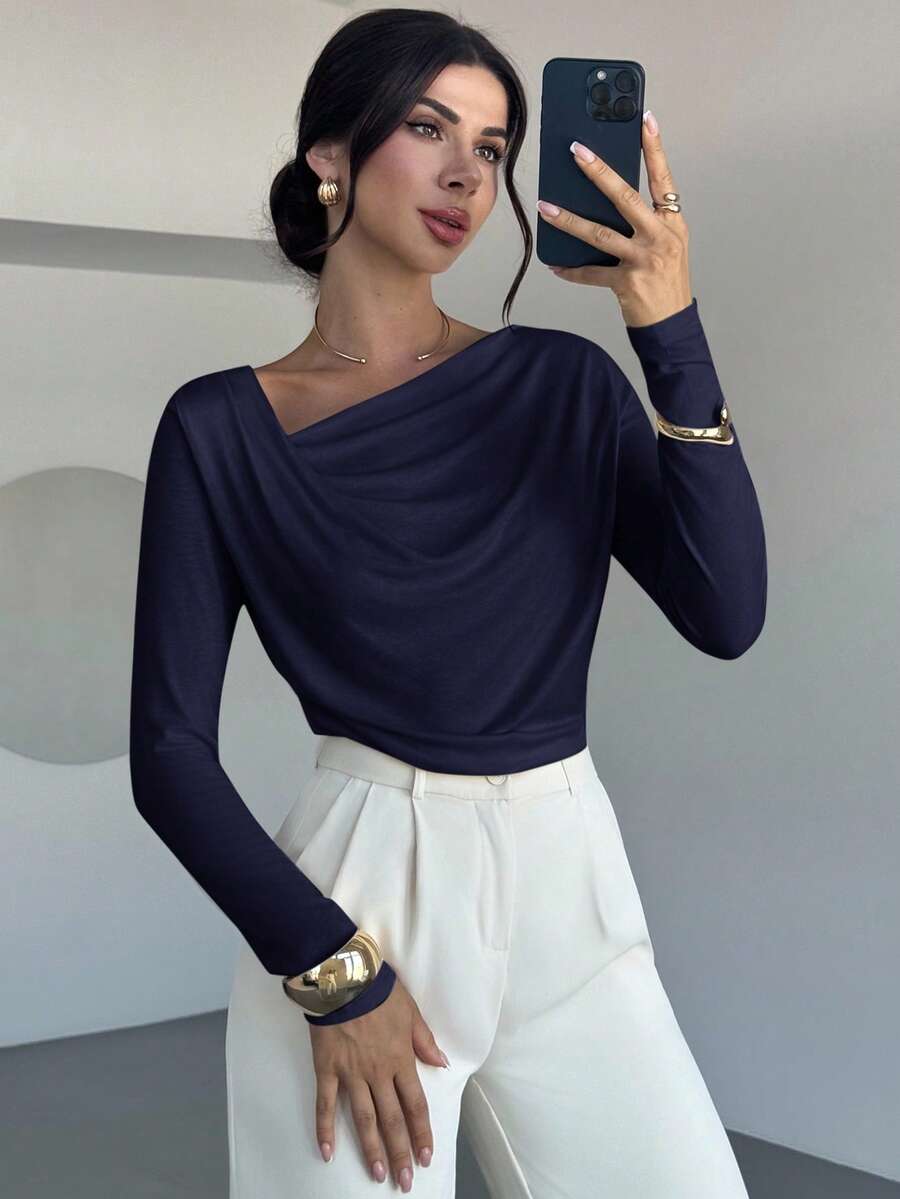 Firerie Camiseta de manga larga holgada y asimétrica para mujer, uso casual sexy y elegante, de doble uso - Azul Marino - Ver 1