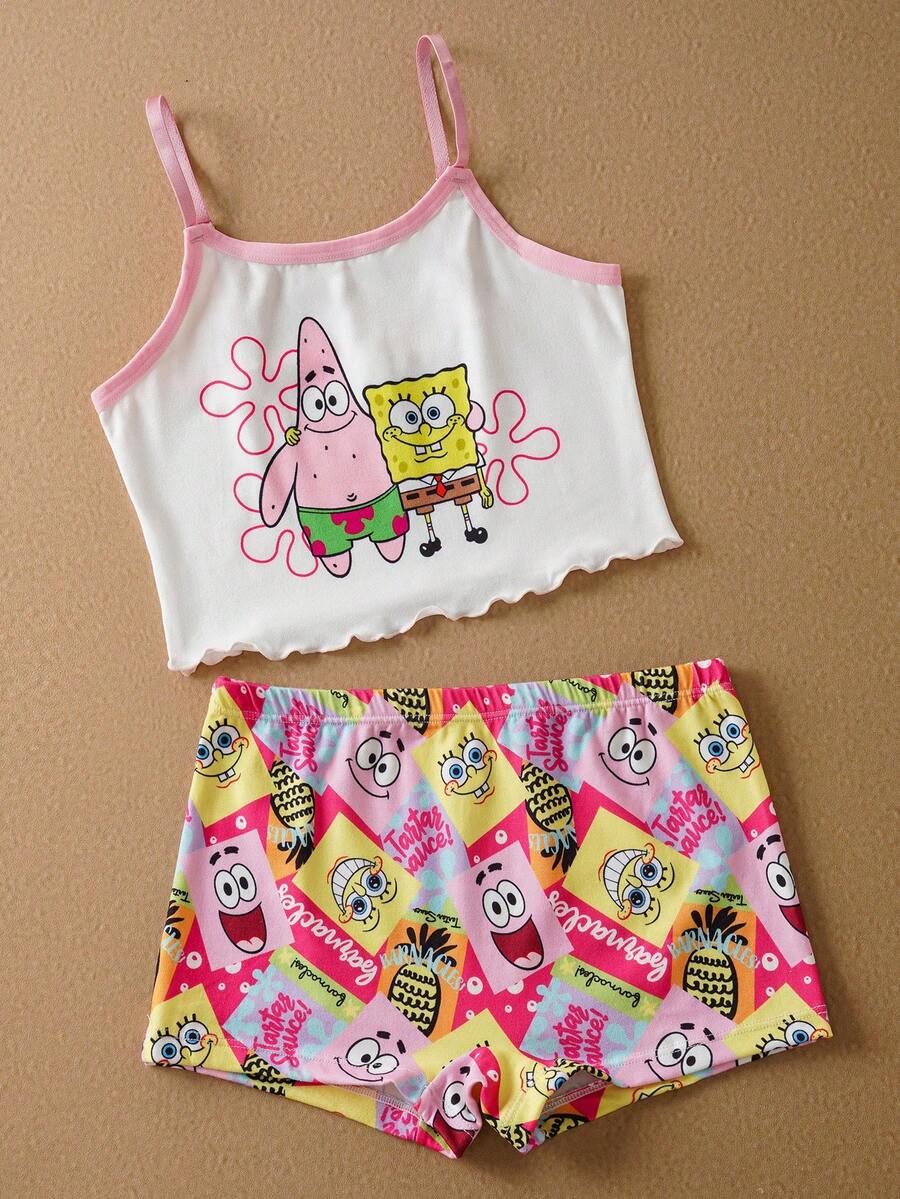 SpongeBob SquarePants | SHEIN Bộ đồ lót áo hai dây họa tiết hoạt hình và quần đùi cho bé gái tuổi mới lớn, dễ thương và đáng yêu - Hồng - Xem 1