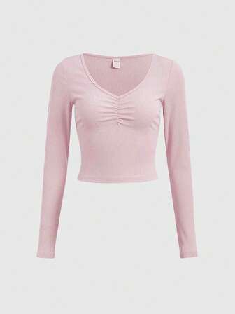 Camiseta de manga larga con busto fruncido, minimalista y casual, para otoño