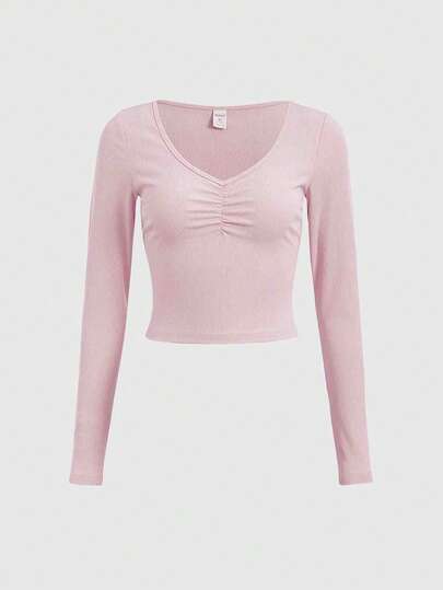 T-shirt à manches longues avec fronces sur le buste, style minimaliste et décontracté, automne