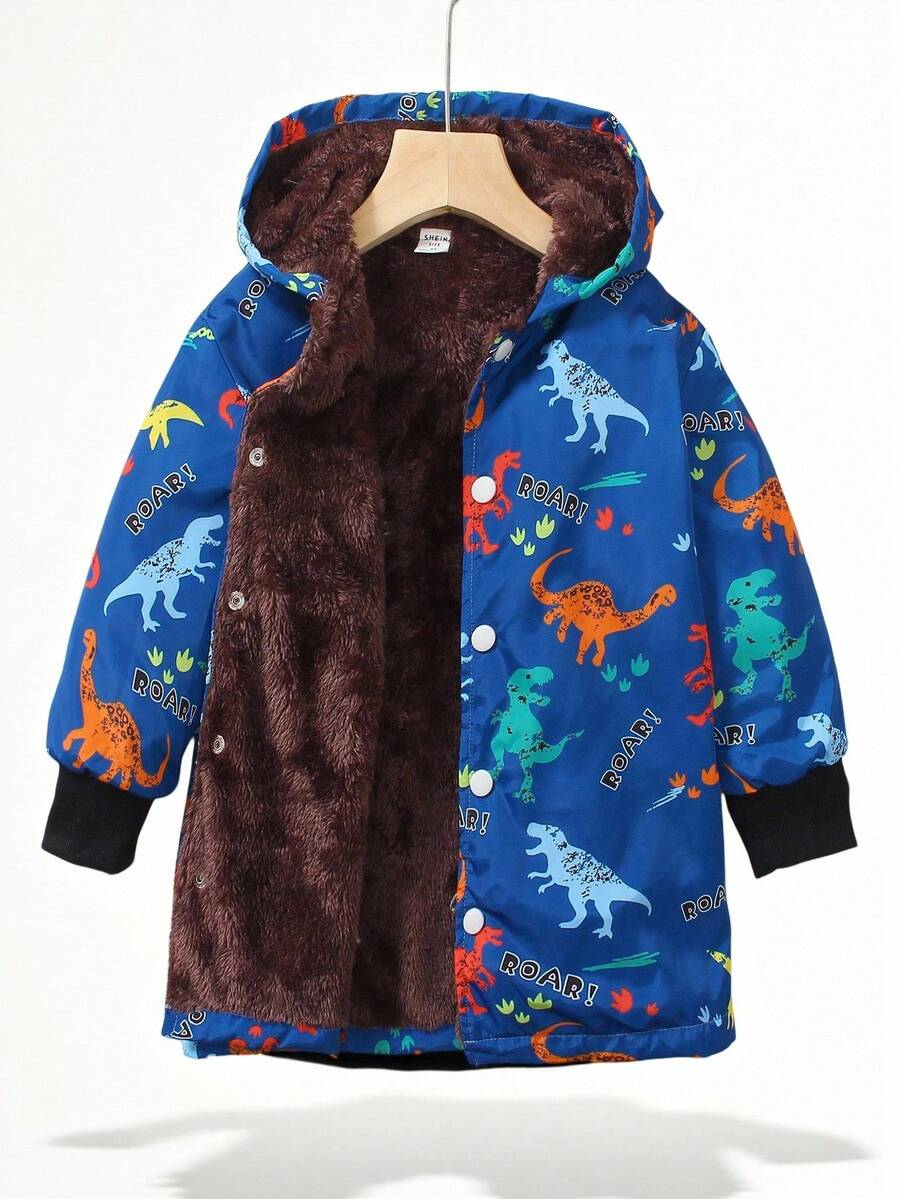 SHEIN Fantacosmos Young Boy Dinosaur Print Thermal Lined Hooded Jacket, Back To School Season, Winter - Multicolor - View 1