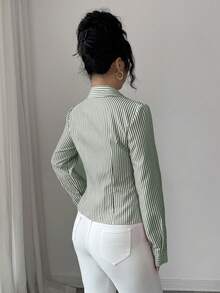 Elenzga Women's Stylish Blue Striped Shirt, Back To School Season, Autumn - Green - View 2