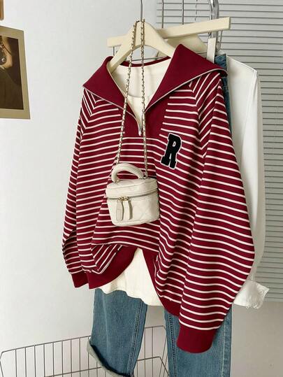 Airaco Plus Size Polo Collar Zip-Up Striped Long Sleeve Sweatshirt