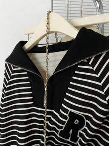 INAWLY Plus Size Polo Collar Zip-Up Striped Long Sleeve Sweatshirt - Black - View 6