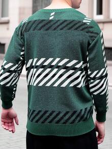 Manfinity Homme Men's Contrast Color Pattern Crew Neck Long Sleeve Sweater, For Winter - Green - View 2