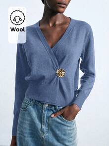 Maija Blusa básica minimalista y elegante con cuello en V profundo, decoración de botones metálicos, mangas raglán sueltas y cómodas, adecuada para ir al trabajo, la oficina, el uniforme de maestro, el verano - Azul - Ver 8