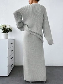 SHEIN Cottnline Plus Women Solid Color Chunky Sweater & Sweater Skirt Set - Grey - View 2