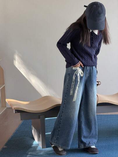 DAZY Tween Girls' Bow Print Wide Leg Jeans