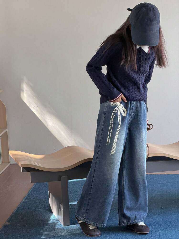 Tween Girls' Bow Print Wide Leg Jeans