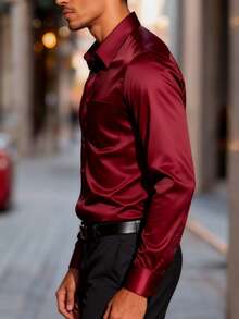 Manfinity Mode 男士商务休闲胸带设计斜纹长袖衬衫 - 酒紅色 - 查看 3