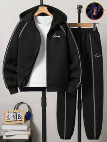 Vacaura 2 Stücke/Set Lässige Mode Kontrastnaht Raglanärmel Buchstaben Muster Rundhals Sweatshirt und Elastischer Bund Tasche Kordelzug Hose, Loose Fit, Komfortabel und Vielseitig für Jugendliche, Geeignet für Herbst, Frühling, Winter, Alltag, Pendeln, Outdoor, Sport, Schule, Streetwear, Party und Fotoshootings
