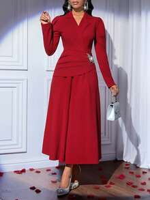 Fleurora Rochie elegantă de damă, de culoare vișinie, cu mâneci bufante, rever și decorațiuni cu strasuri - Burgundia - Vizualizare 7