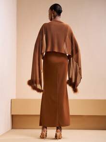Zivah Elegant Shades Of Brown Summer Dining Sleeveless Fitted Split Maxi Dress With Fur Cape Two Pieces Set,Wedding Guest Boho Party Gala Birthday Outfit - Brown - View 2