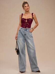 SHEIN BAE 女士优雅蕾丝连体衣，精致蕾丝连体衣 - 酒紅色 - 查看 6