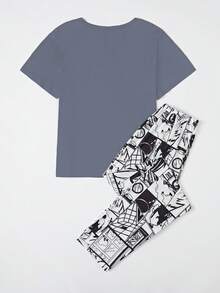 2pcs/Set Teenage Boys' Casual Cartoon Graphic Print Loose Fit Pants And Short Sleeve Top Pajama Set - Dark Grey - View 2