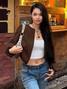 EMERY ROSE 纯色前拉链圆领长袖短款休闲外套 - 咖啡棕 - 查看 4