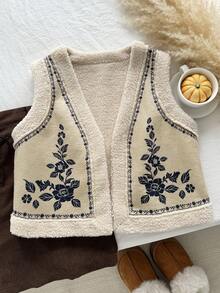 Comfortcana 花卉刺绣加厚仿麂皮无袖休闲大码背心外套，秋冬款 - 棕色 - 查看 8