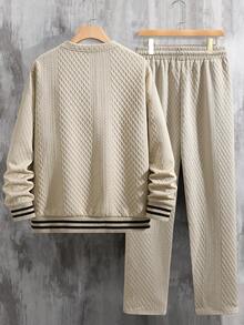 Manfinity Homme Men's Striped Button Half-Placket Long Sleeve Sweatshirt And Drawstring Waist Pants Casual Suit Mens Knitted Set Men Casual Top And Bottom Set Men 2 Piece Set Men 2 Piece Set Spring Fall Mens Casual Sets Old Money,Daily Leisure, Weekend Trips, Outdoor Activities, Travel Expeditions, Relaxed Work Environments Or Semi-Formal Occasions, Boyfriend/Husband Gift, Anniversary /Birthday Gift Party Christmas New Years Wedding