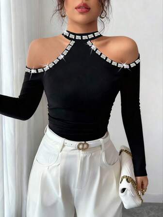 Gloray Camiseta ajustado de mujer con hombros descubiertos, unicolor y decoración de diamantes