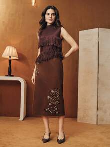Anewsta Women's New Khaki Rhinestone Embellished A-Line Skirt, Elegant & Refined Mini Skirt - Khaki - View 7