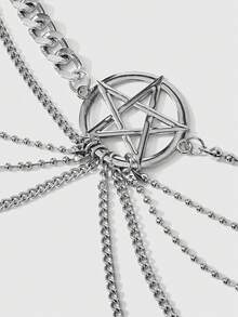 ROMWE Goth 1件女款哥德風銀色與黑色十字分層鏈條腰鏈飾品，百搭日常、萬聖節 - 銀五角星珠鏈多層鏈條腰鏈 - 查看 2