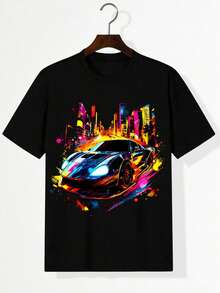 Tween Boy Round Neck Race Car Printed Summer Casual Short Sleeve T-Shirt - Black - View 1