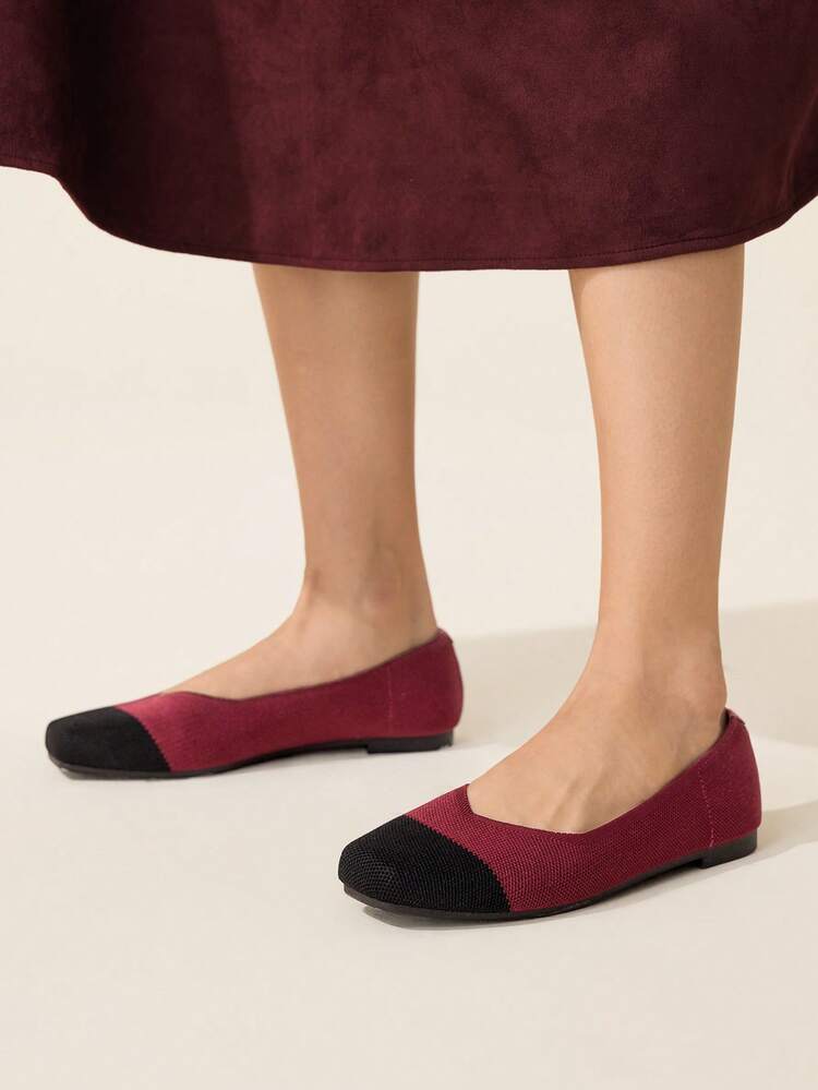 CUCCOO BASICS Women's New French Square Toe Versatile Commuting Minimalist Burgundy Contrast Knit Breathable Comfortable Flat Shoes