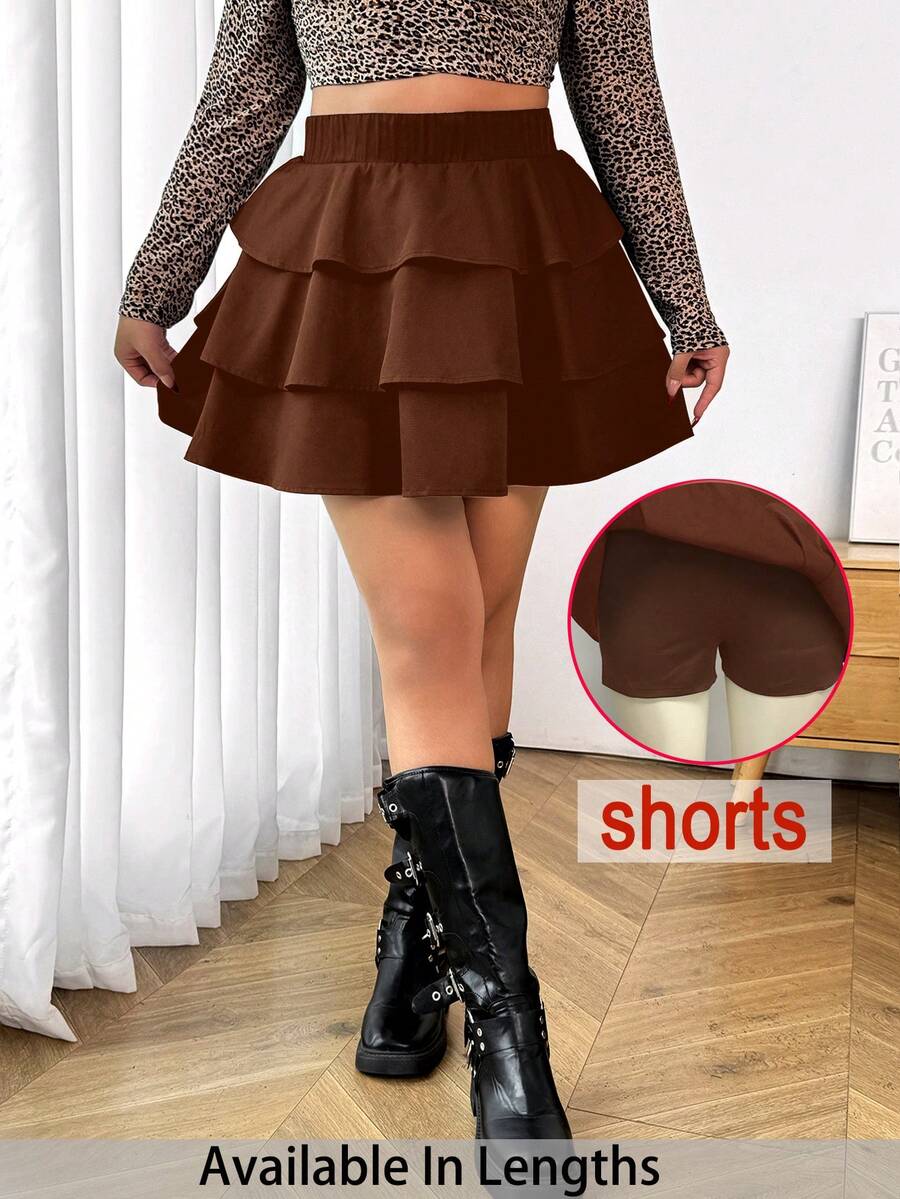 SHEIN PETITE CURVE 大码女式纯色百褶裙,休闲日常穿着 - 咖啡棕 - 查看 1