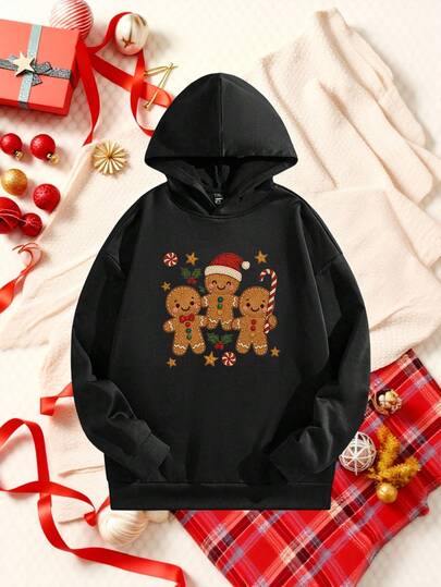 Manfinity Homme Sudadera con capucha negra de felpa ajustada con bordado de hombre casual de Navidad con diseño de hombre de jengibre