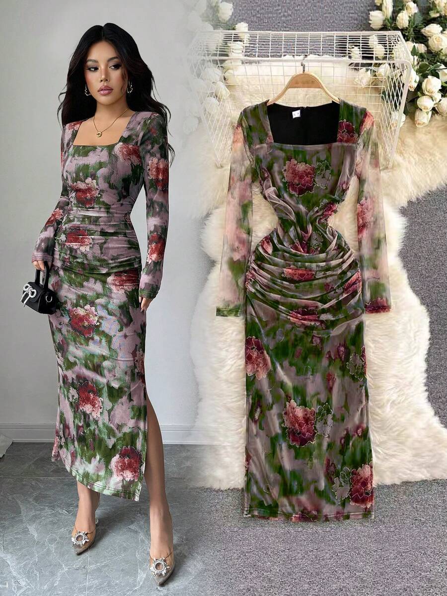 Elenzga Women's New Elegant Luxurious Party Dress, Gradient Floral Print, Square Neck, Ruched, Fitted, High Slit, Long Sleeve, Semi-Sheer, Suitable For Halloween, Christmas, Thanksgiving, New Year, Graduation Season, Grey Floral - Multicolor - View 1