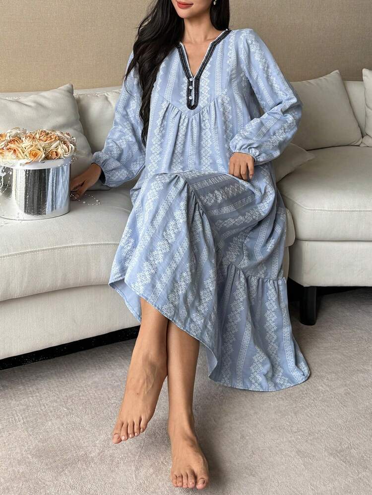 Vacation Style Floral Pattern Contrast Trim Lantern Sleeve Long Women Nightgown