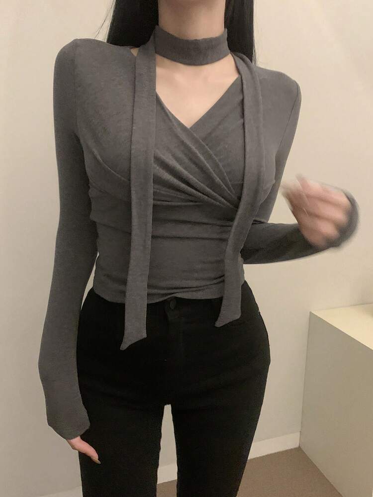 Women's V-Neck Tie-Up Criss-Cross Korean Style Long Sleeve T-Shirt, Elegant For Autumn/Winter