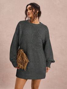 Freevana Plus Size Floral Textured Crew Neck Long Sleeve Sweater Dress/Winter - Dark Grey - View 1